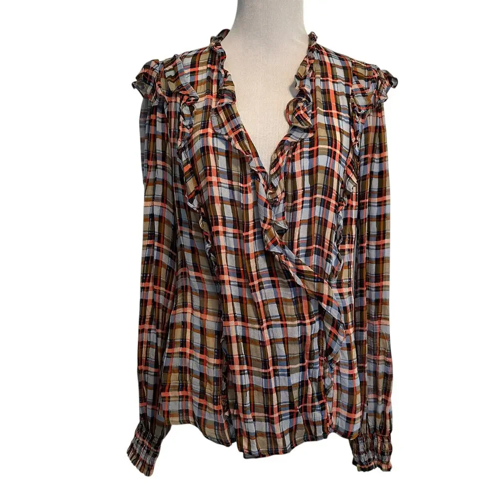 Anthropologie Plaid Ruffle Blouse - Brown, Blue, White - Picture 2 of 11